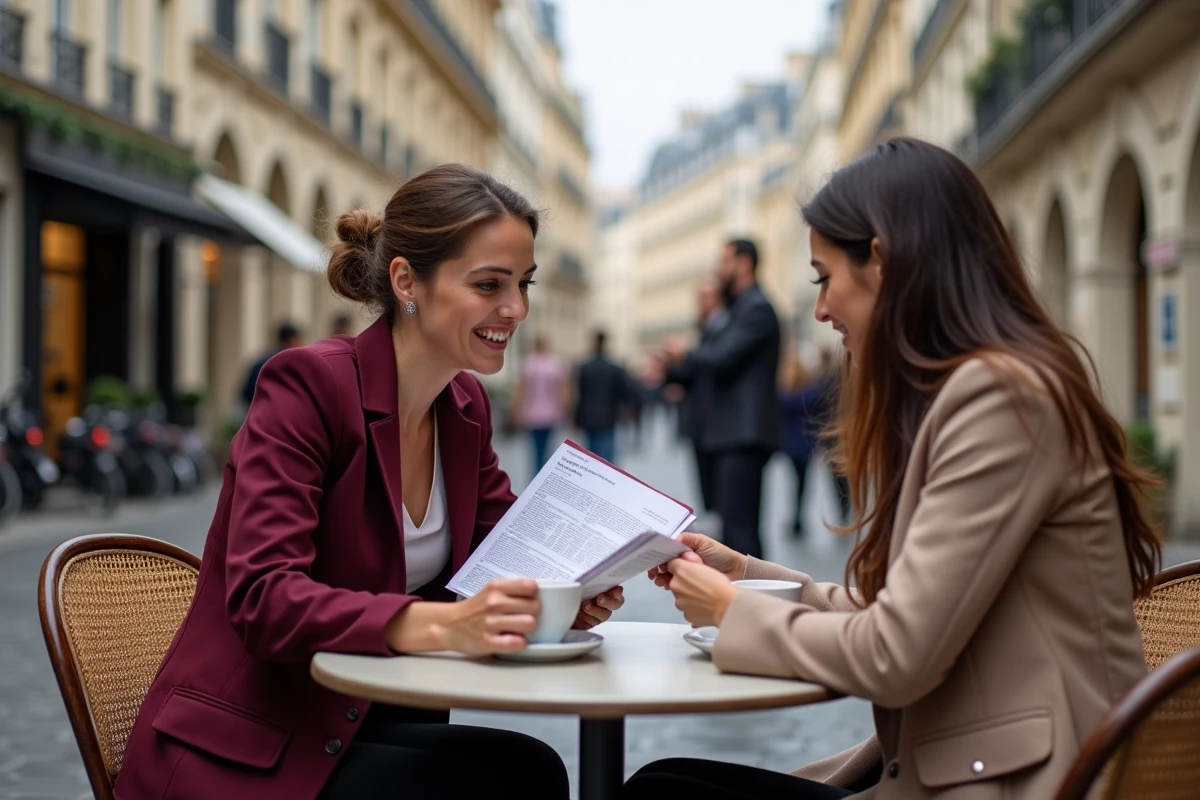 Professionnelle du droit valorisant sa participation au Congrès UINL Paris auprès d'une cliente lors d'un rendez-vous en terrasse parisienne