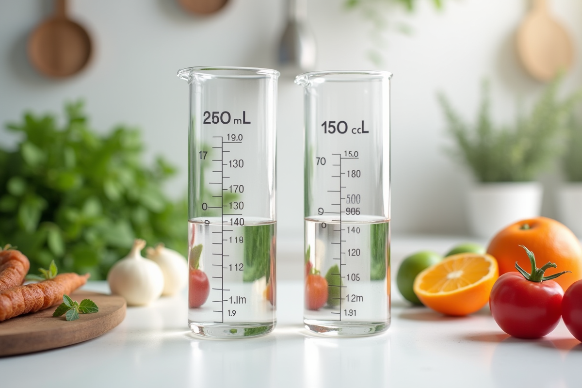 Deux verres doseurs avec eau sur table de cuisine colorée