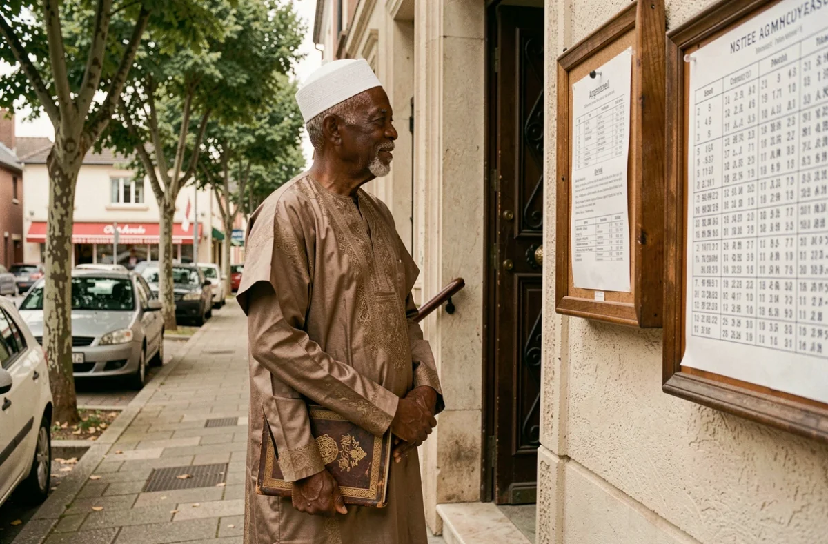 Homme âgé consultant le tableau des horaires de prière à l'entrée d'une mosquée à Argenteuil