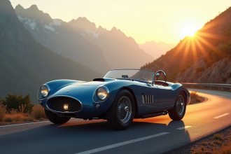 Voiture alpine vintage sur route de montagne au lever du soleil