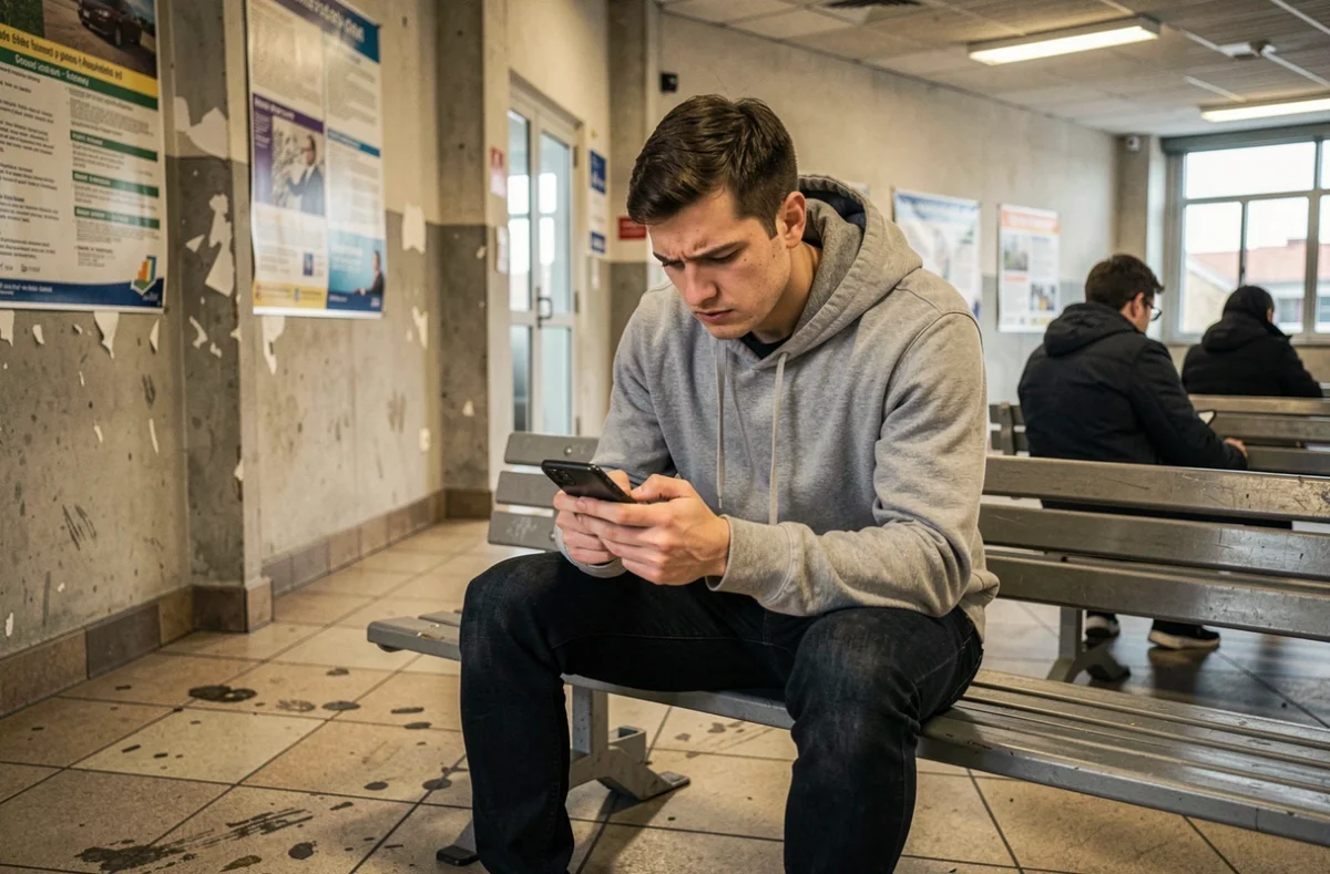 Jeune homme vérifiant les perturbations de la ligne 378 sur son téléphone dans une gare routière