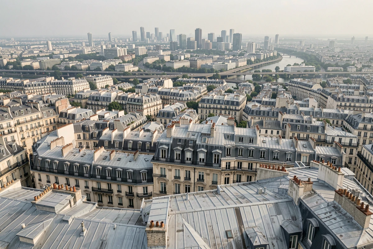 Vue panoramique depuis un toit parisien montrant la transition entre Paris intra-muros et la banlieue de la métropole du Grand Paris