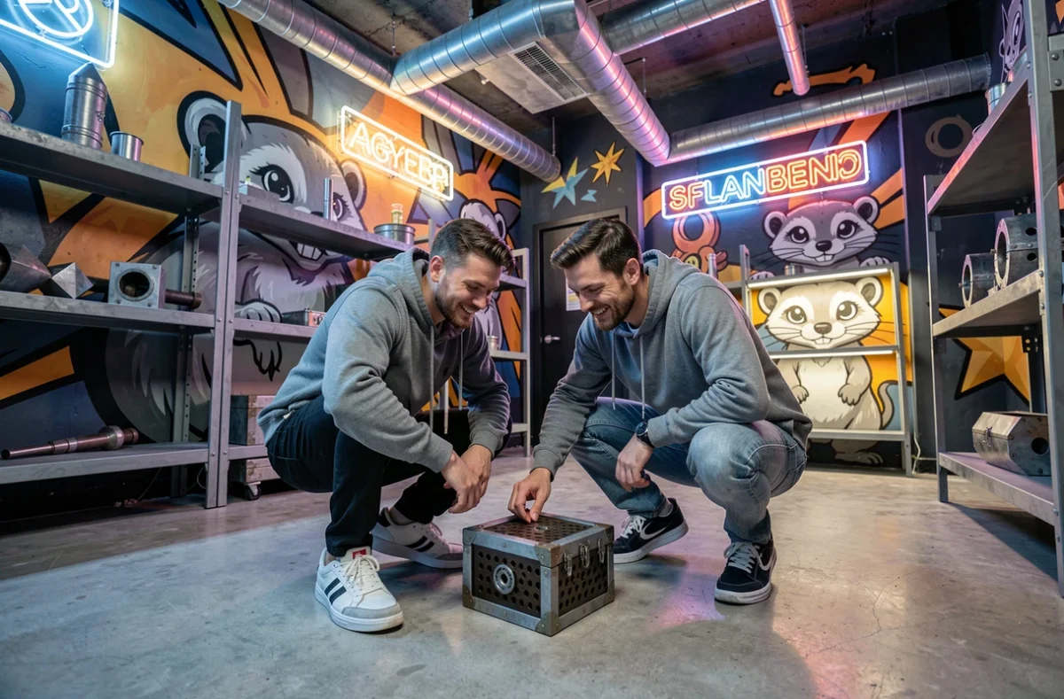 Deux joueurs résolvant une énigme mécanique dans la salle d'escape game Weasel à Chavelot, décorée de graphismes industriels et colorés
